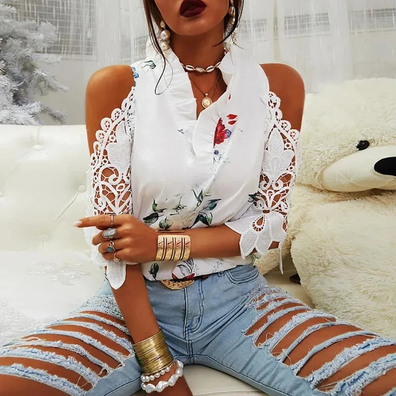 Summer Female Strapless Tops Casual Sexy Hollow Flower Printed Women Blouse Elegant V-Neck Short Sleeve Lace Shirt Blusas