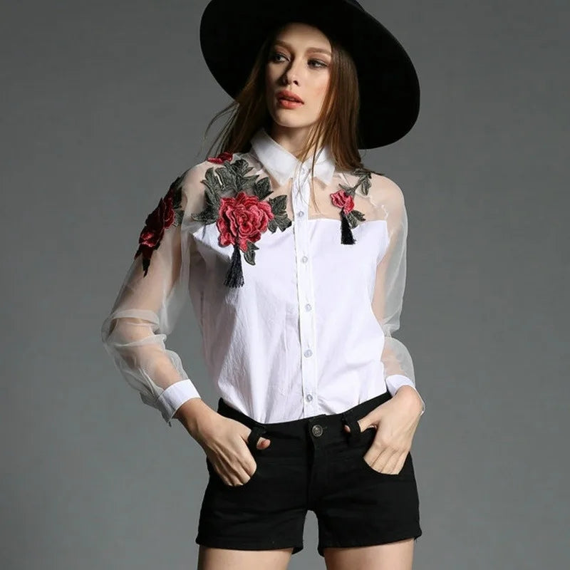 Summer women's fashion loose casual long-sleeved shirt embroidered stitching shirt plus size 3XL