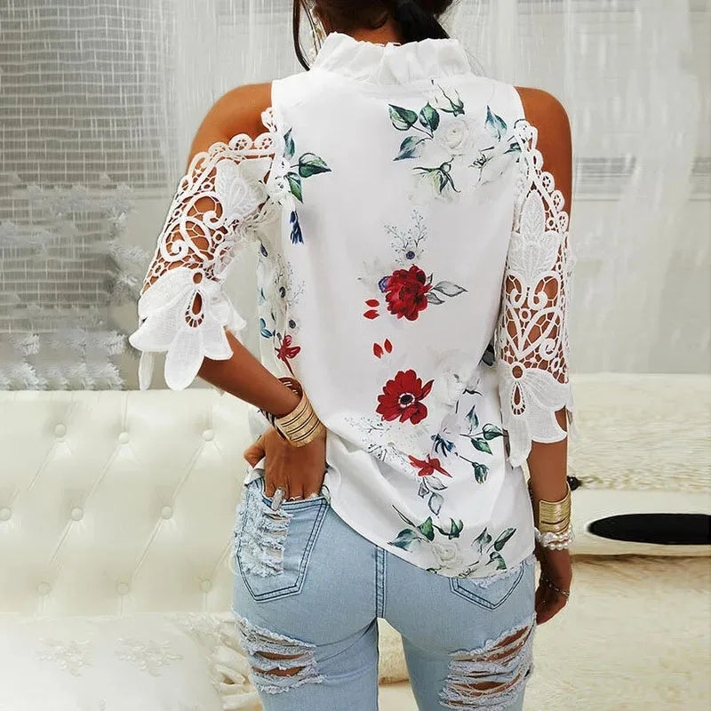 Summer Female Strapless Tops Casual Sexy Hollow Flower Printed Women Blouse Elegant V-Neck Short Sleeve Lace Shirt Blusas