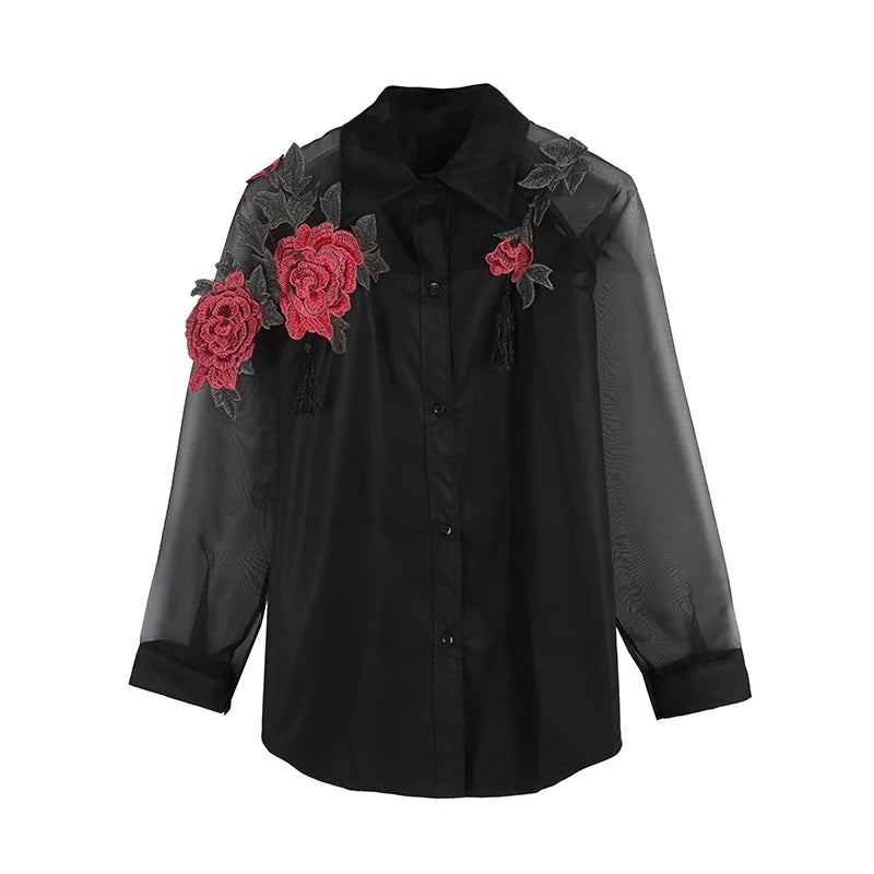 Summer women's fashion loose casual long-sleeved shirt embroidered stitching shirt plus size 3XL