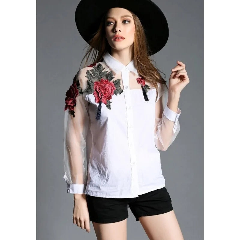 Summer women's fashion loose casual long-sleeved shirt embroidered stitching shirt plus size 3XL