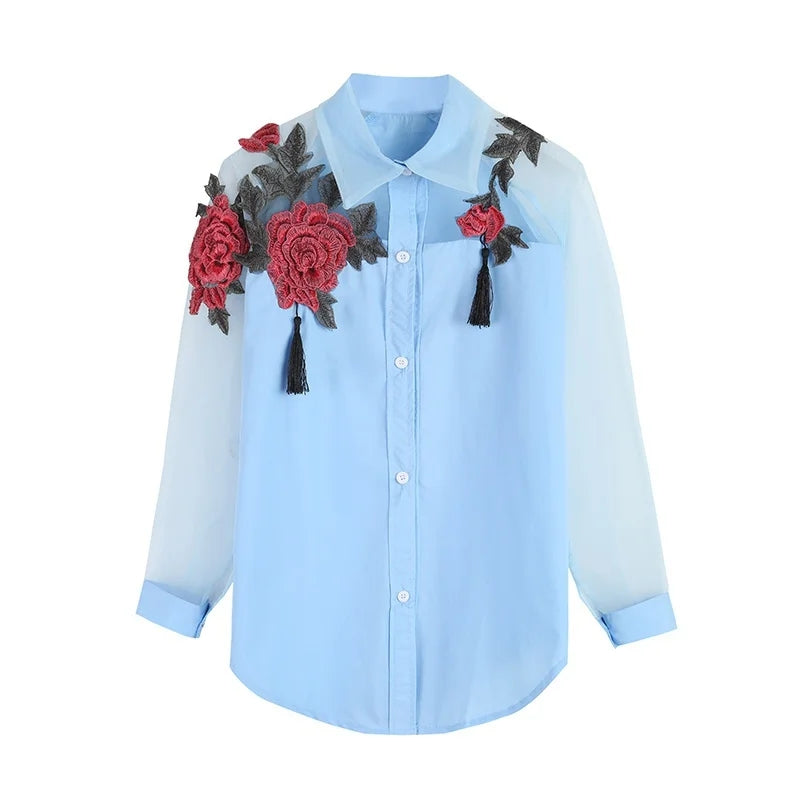 Summer women's fashion loose casual long-sleeved shirt embroidered stitching shirt plus size 3XL