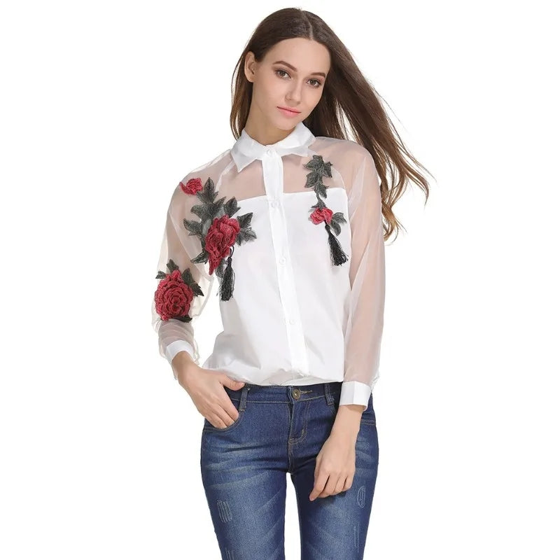 Summer women's fashion loose casual long-sleeved shirt embroidered stitching shirt plus size 3XL