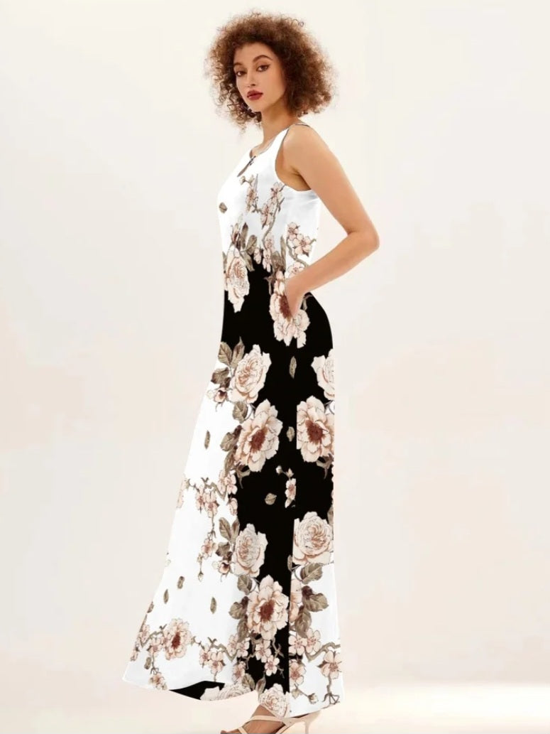 Flower Print New Casual Sleeveless Long Dress Women's V-Neck Printed Dress Swing Bohemian Retro Dresses