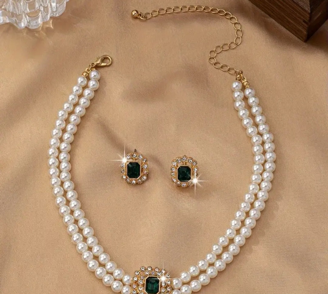 Elegant Luxury style Double Row Faux Pearl Necklace and stud Earrings Set with Rhinestone Embellishments and Square Acrylic Green Gems-Versatile Jewelry for Daily Wear