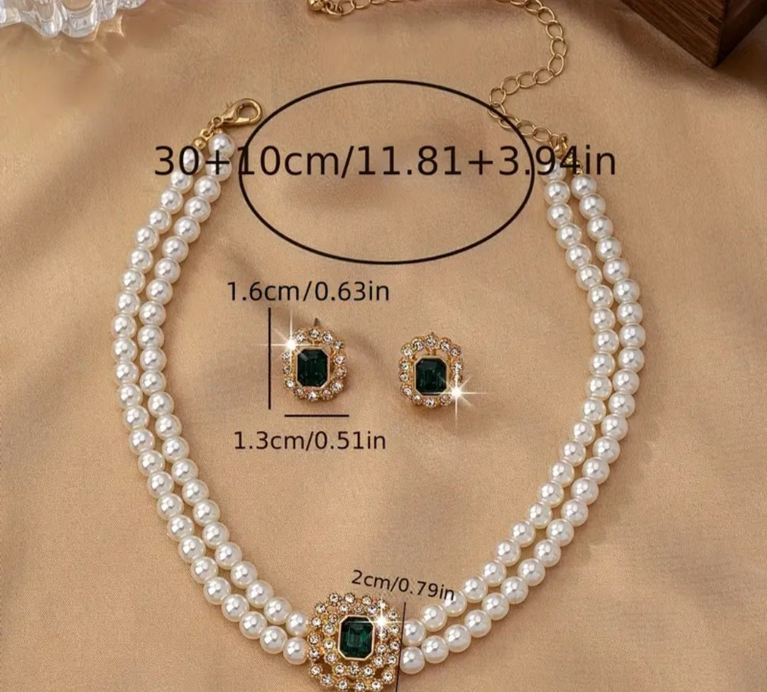 Elegant Luxury style Double Row Faux Pearl Necklace and stud Earrings Set with Rhinestone Embellishments and Square Acrylic Green Gems-Versatile Jewelry for Daily Wear