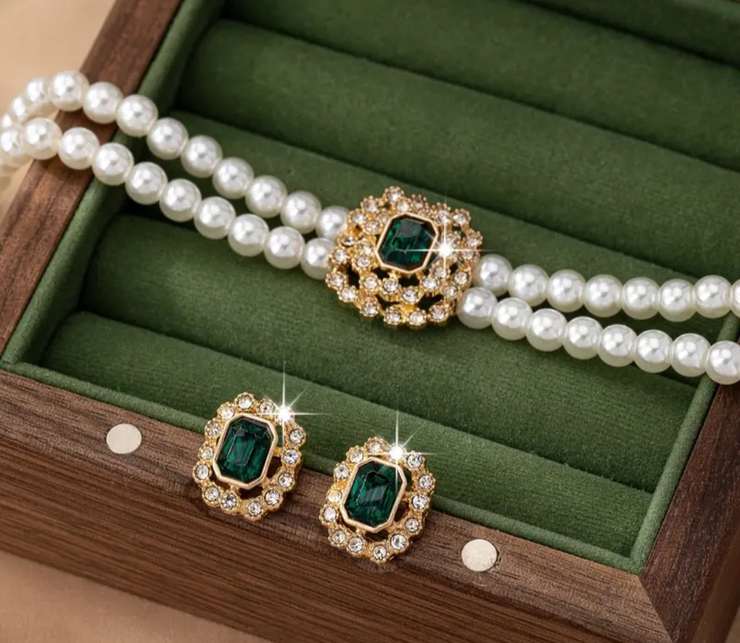 Elegant Luxury style Double Row Faux Pearl Necklace and stud Earrings Set with Rhinestone Embellishments and Square Acrylic Green Gems-Versatile Jewelry for Daily Wear