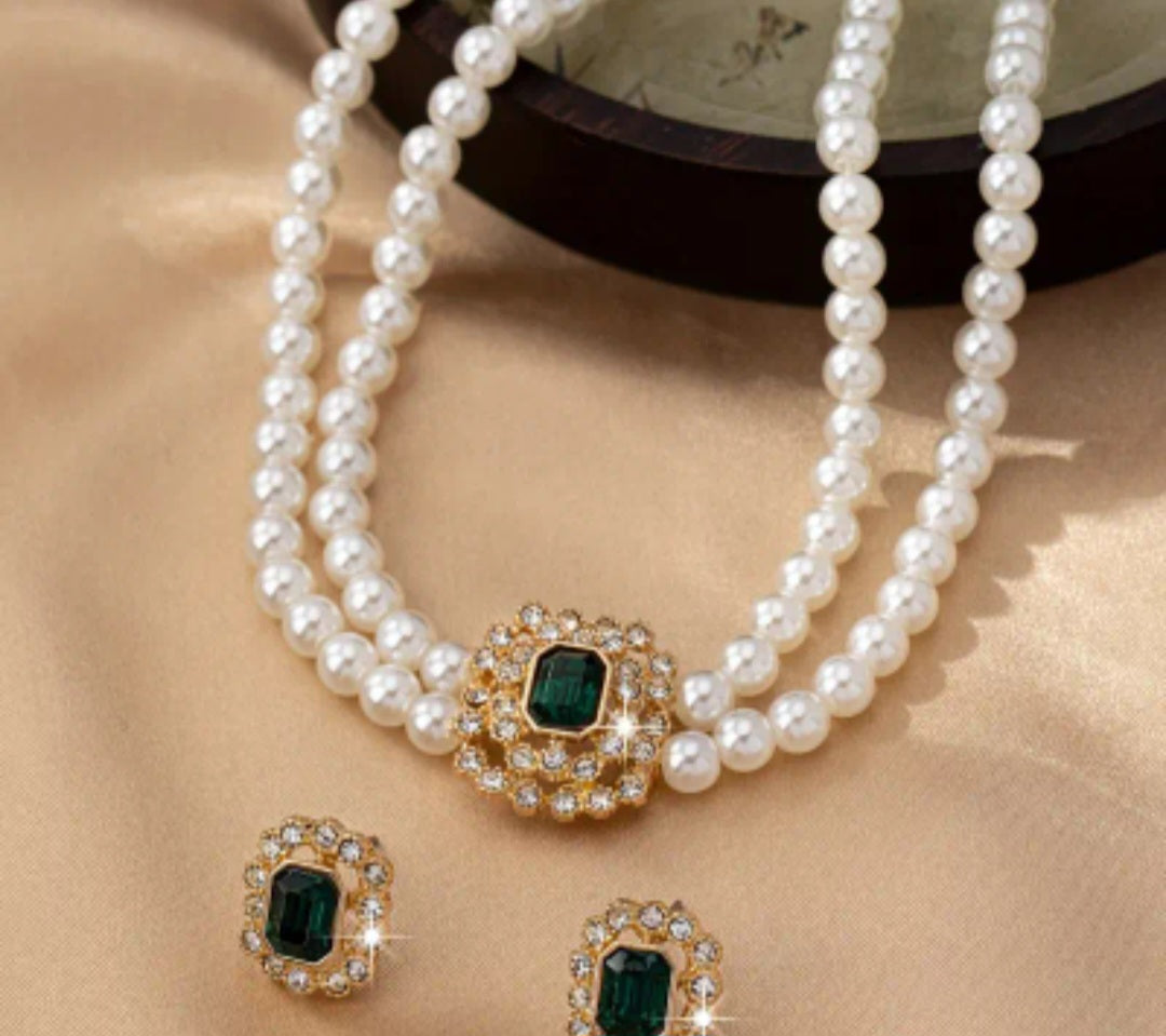 Elegant Luxury style Double Row Faux Pearl Necklace and stud Earrings Set with Rhinestone Embellishments and Square Acrylic Green Gems-Versatile Jewelry for Daily Wear