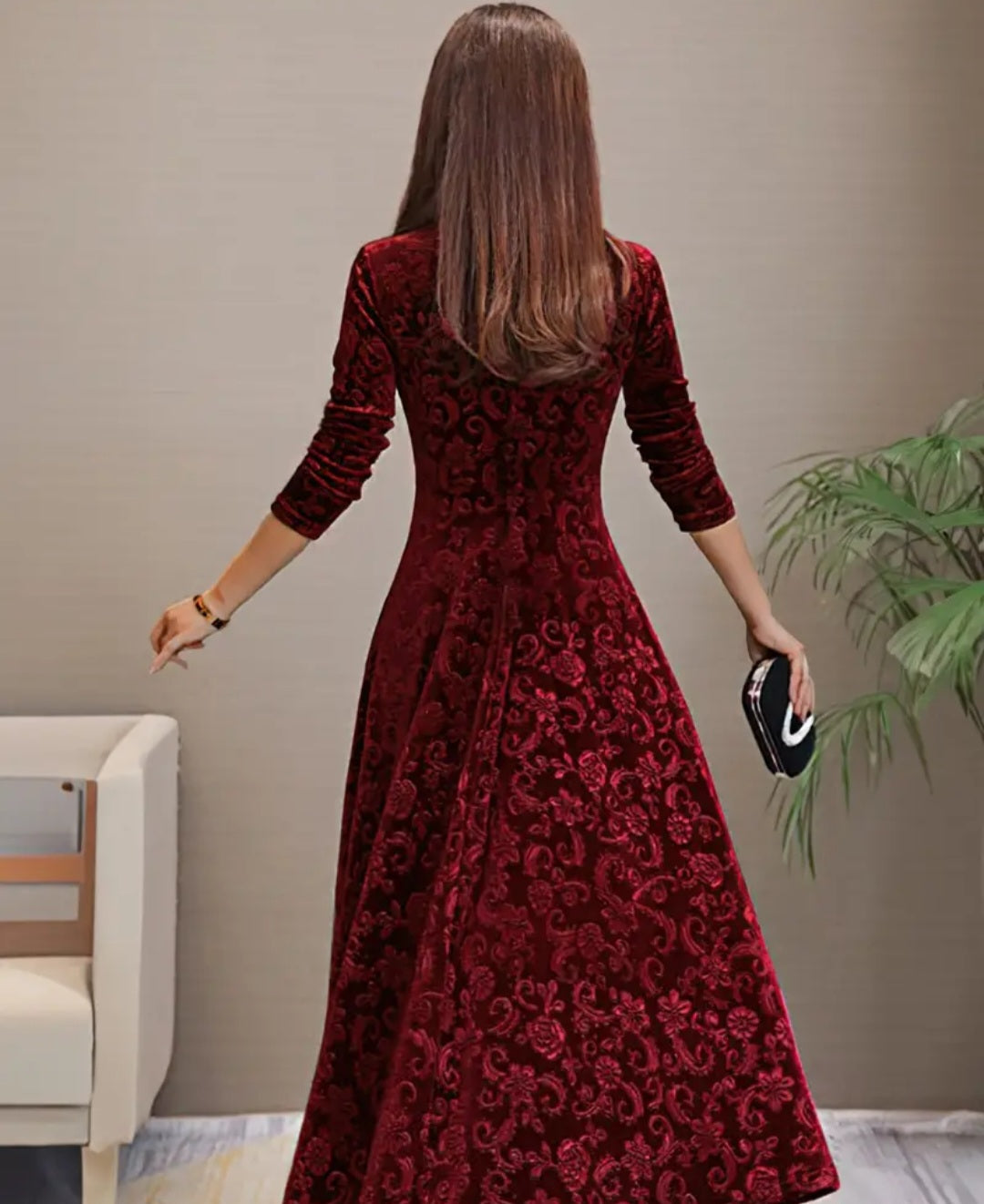 Floral & Paisley Pattern Velvet Dress, Elegant V-neck Long Sleeve Swing Dress For Spring & Fall, Women's Clothing