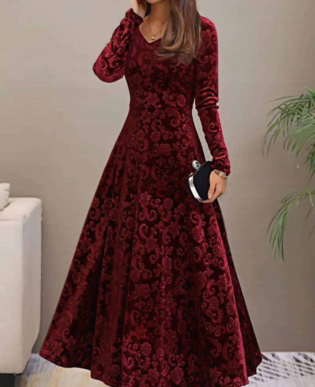 Floral & Paisley Pattern Velvet Dress, Elegant V-neck Long Sleeve Swing Dress For Spring & Fall, Women's Clothing