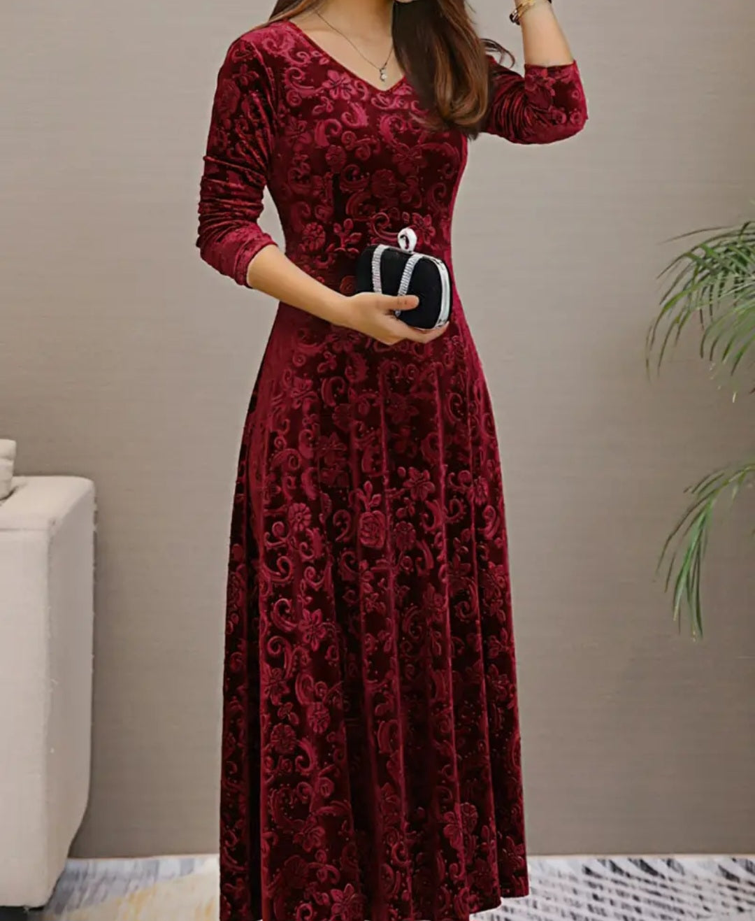 Floral & Paisley Pattern Velvet Dress, Elegant V-neck Long Sleeve Swing Dress For Spring & Fall, Women's Clothing