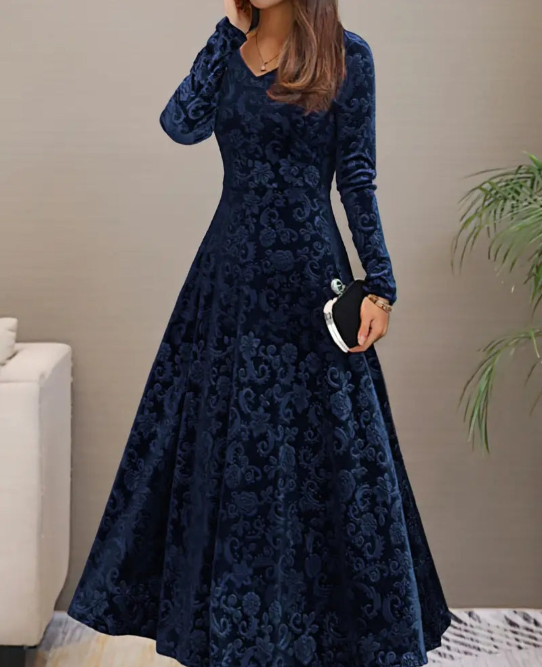 Floral & Paisley Pattern Velvet Dress, Elegant V-neck Long Sleeve Swing Dress For Spring & Fall, Women's Clothing