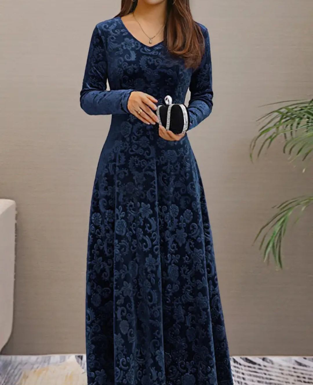 Floral & Paisley Pattern Velvet Dress, Elegant V-neck Long Sleeve Swing Dress For Spring & Fall, Women's Clothing