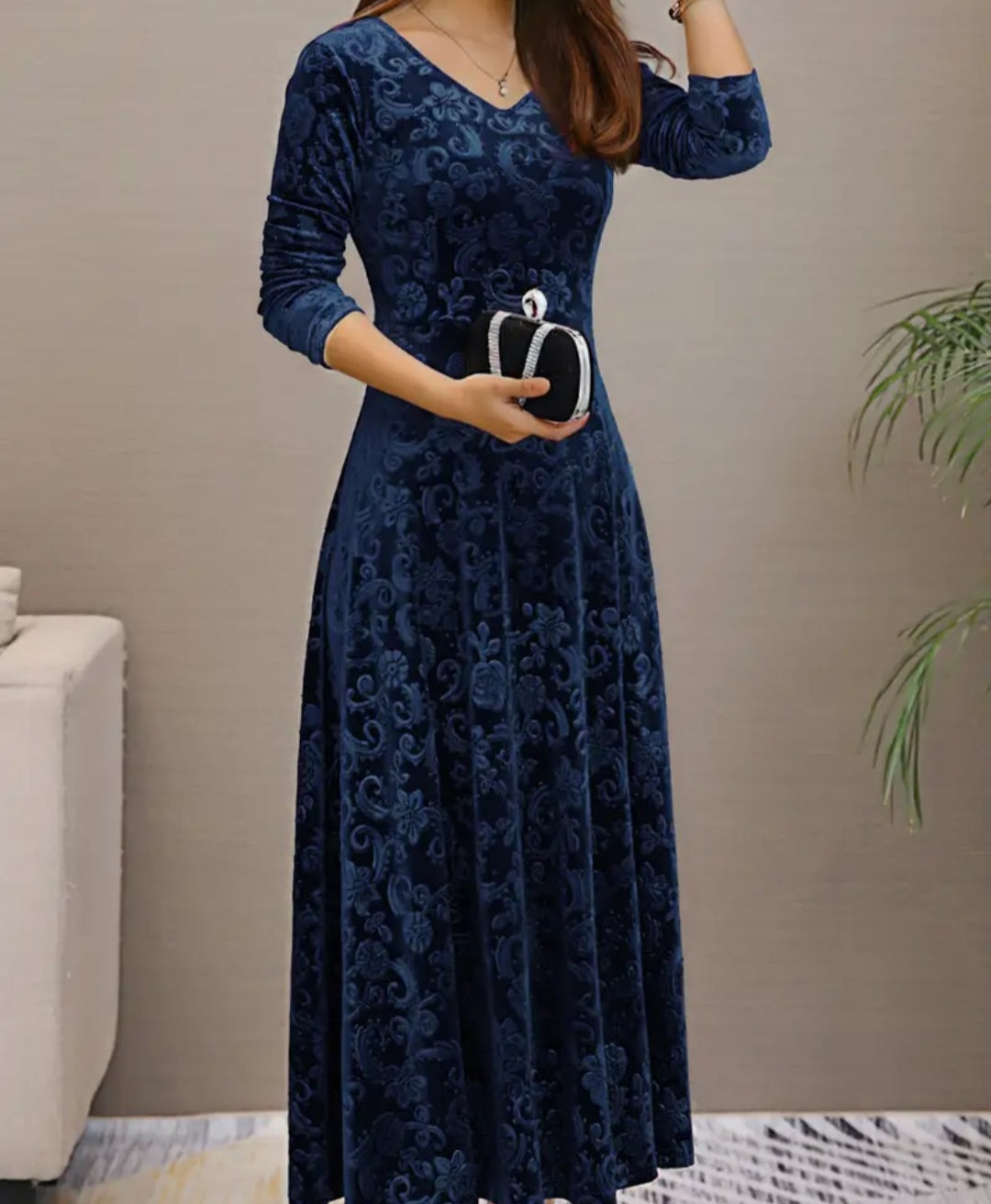 Floral & Paisley Pattern Velvet Dress, Elegant V-neck Long Sleeve Swing Dress For Spring & Fall, Women's Clothing