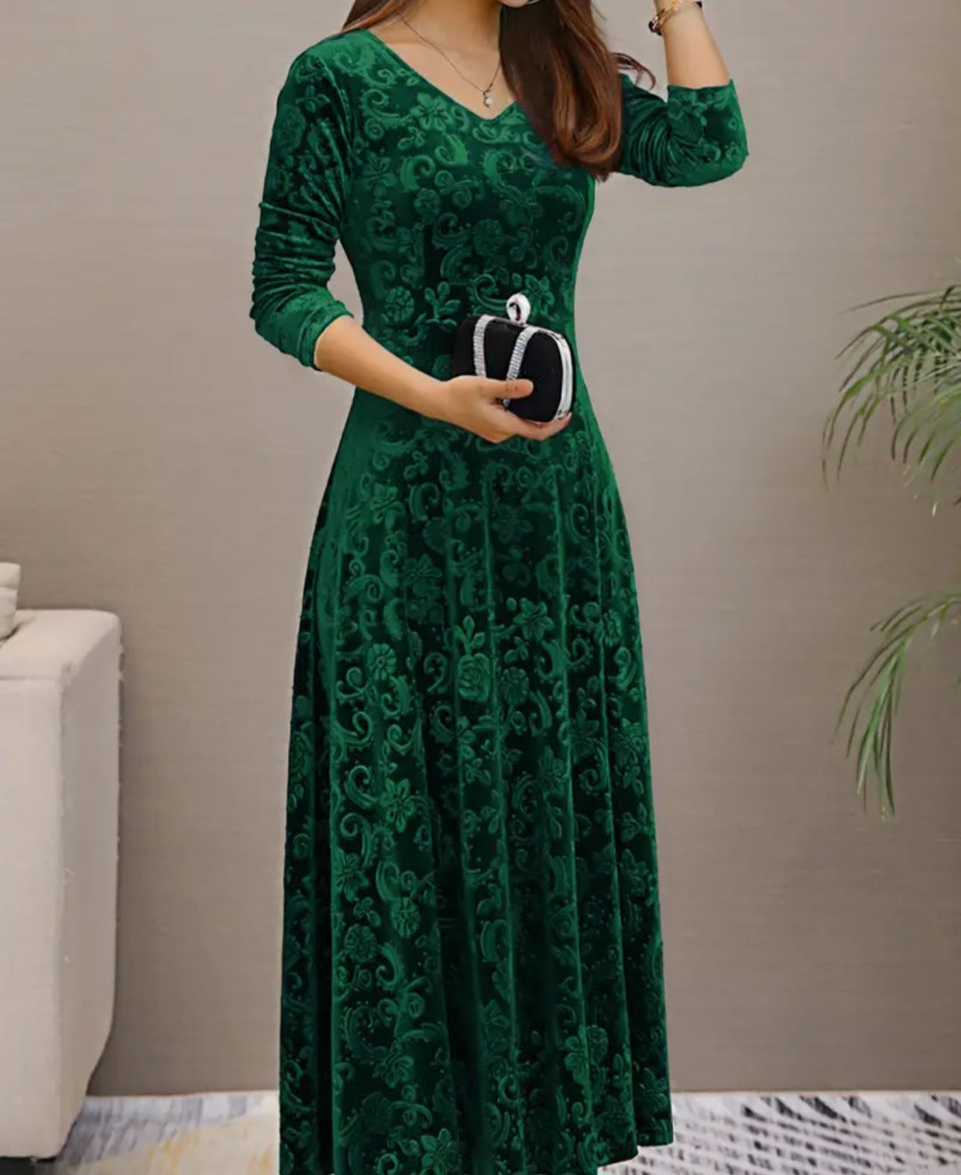 Floral & Paisley Pattern Velvet Dress, Elegant V-neck Long Sleeve Swing Dress For Spring & Fall, Women's Clothing