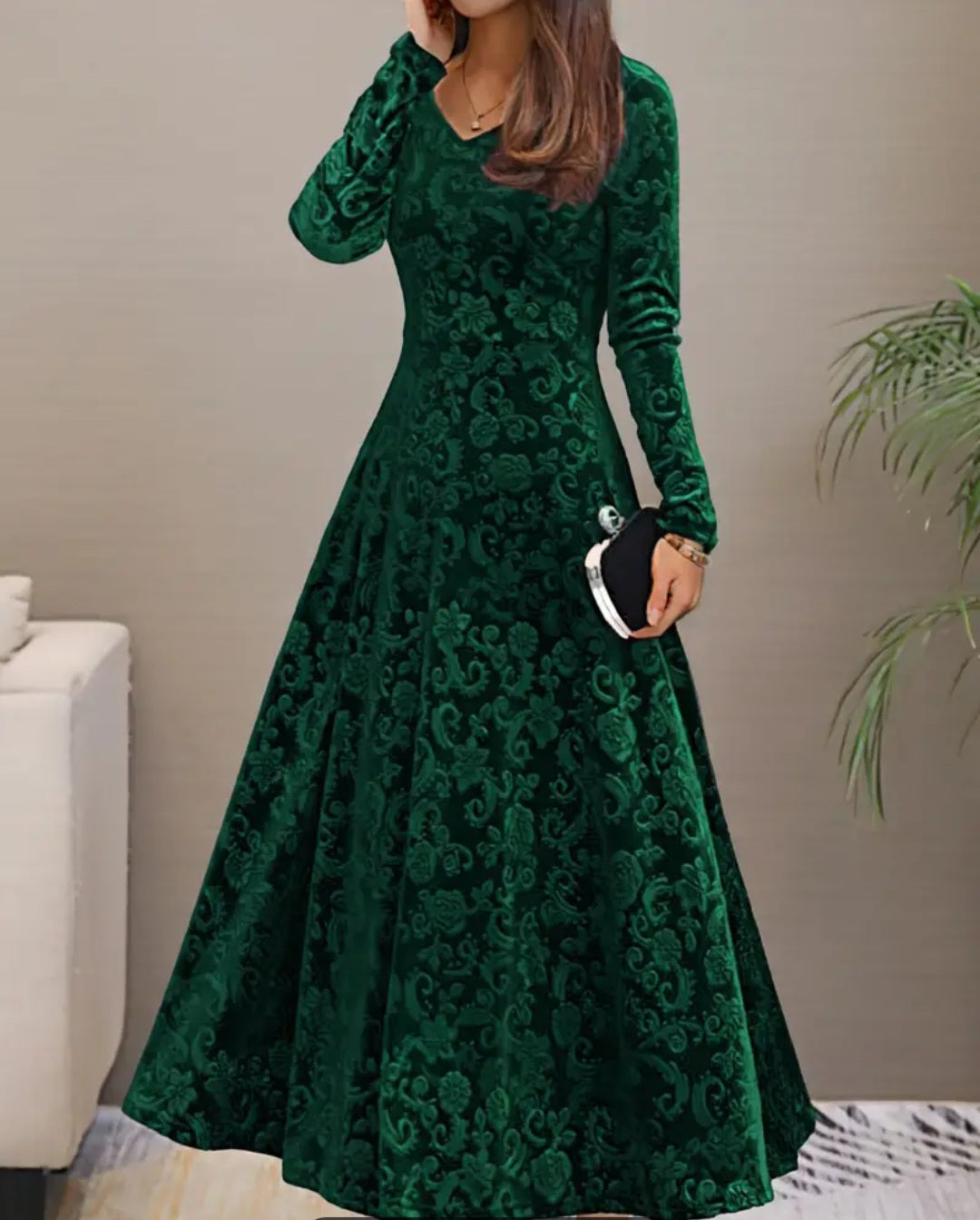 Floral & Paisley Pattern Velvet Dress, Elegant V-neck Long Sleeve Swing Dress For Spring & Fall, Women's Clothing