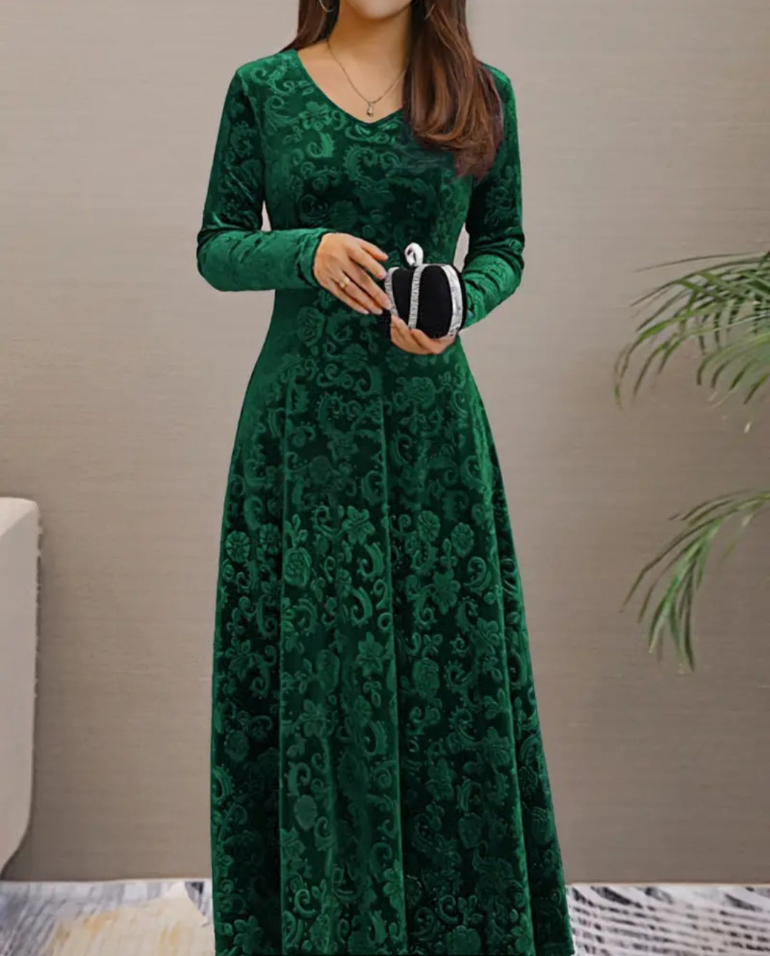 Floral & Paisley Pattern Velvet Dress, Elegant V-neck Long Sleeve Swing Dress For Spring & Fall, Women's Clothing