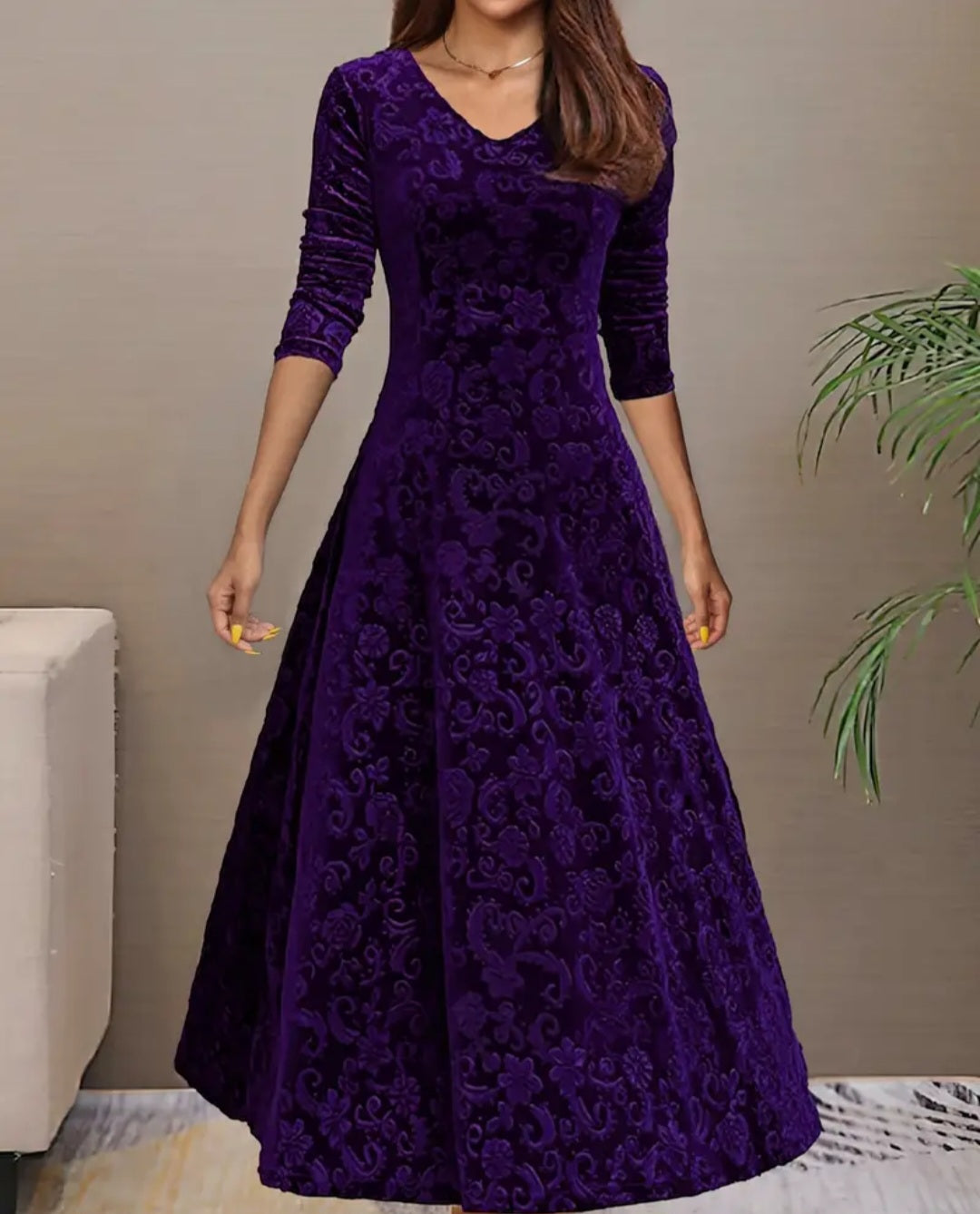 Floral & Paisley Pattern Velvet Dress, Elegant V-neck Long Sleeve Swing Dress For Spring & Fall, Women's Clothing