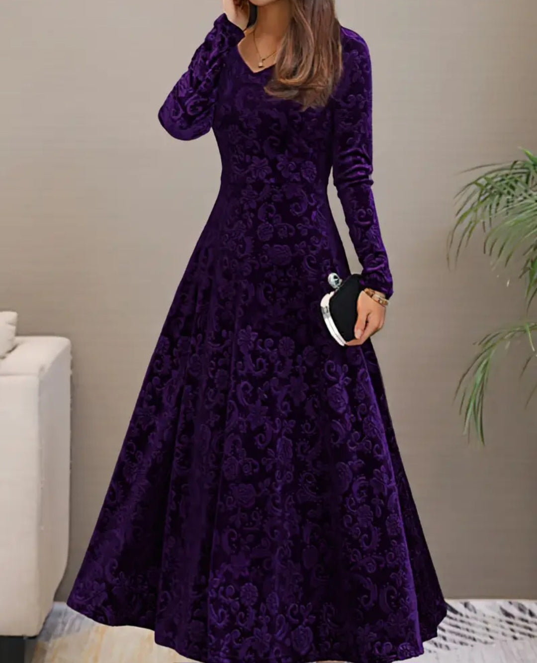 Floral & Paisley Pattern Velvet Dress, Elegant V-neck Long Sleeve Swing Dress For Spring & Fall, Women's Clothing