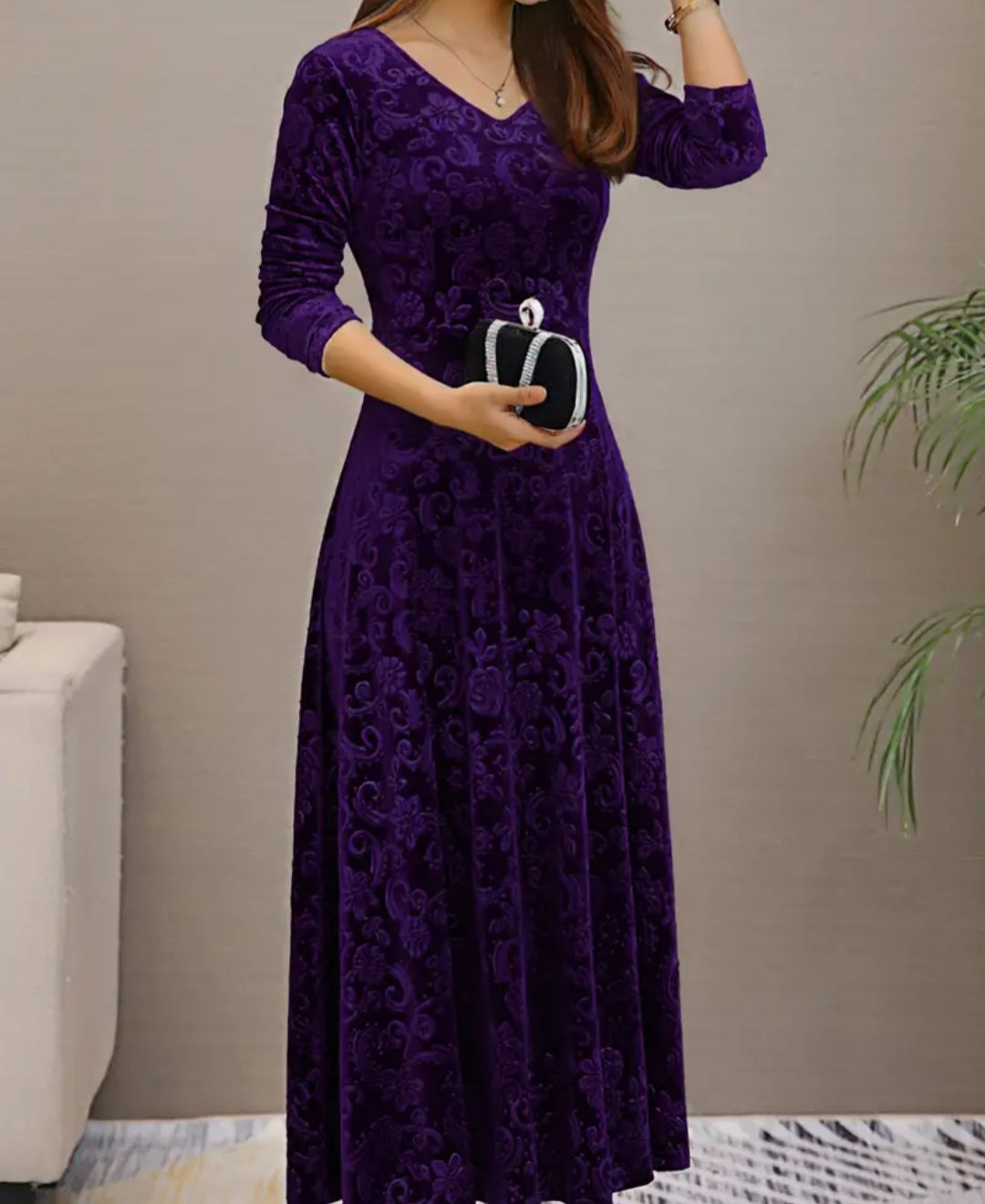 Floral & Paisley Pattern Velvet Dress, Elegant V-neck Long Sleeve Swing Dress For Spring & Fall, Women's Clothing