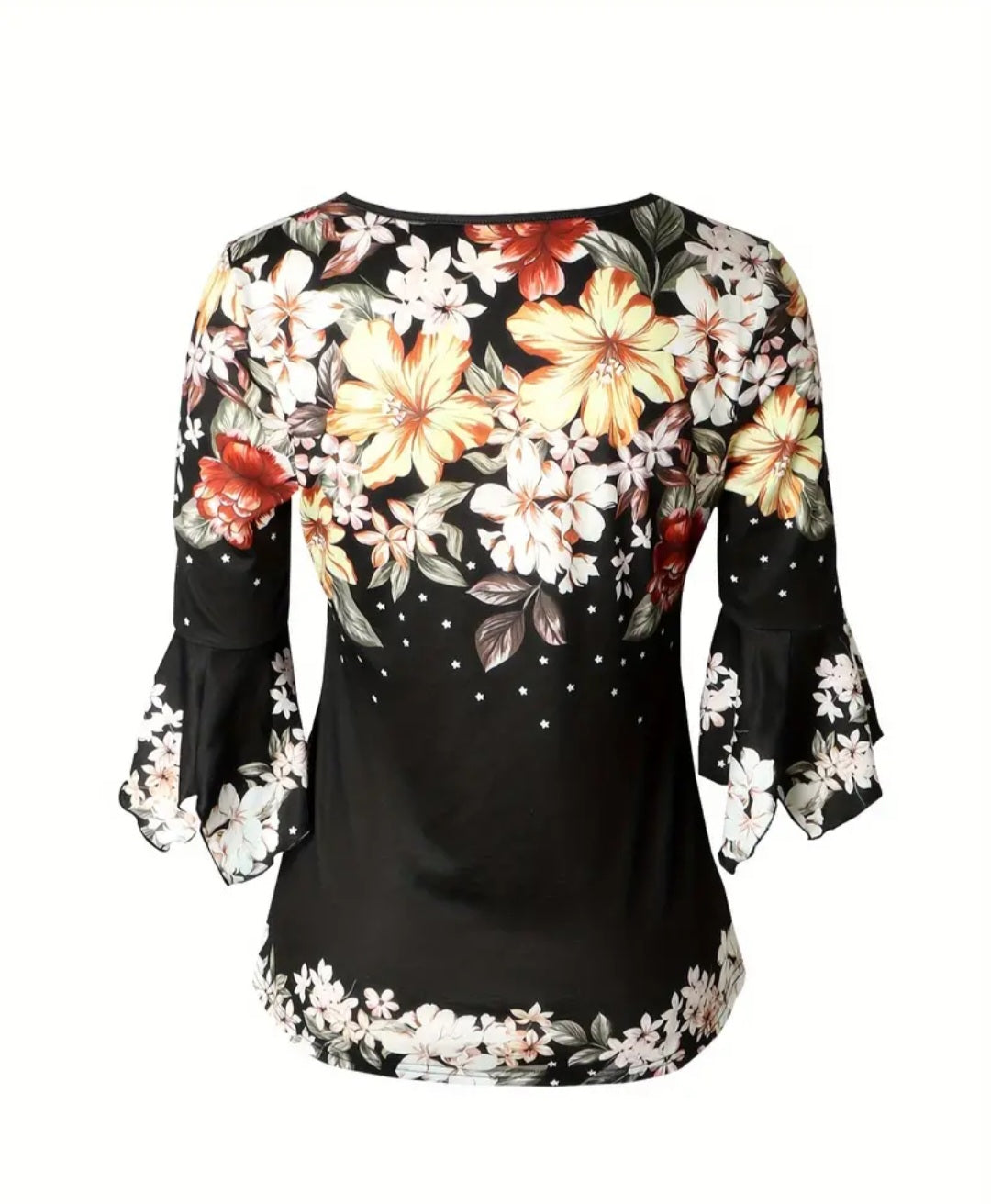 Floral Print Notched Neck T-Shirt, Vintage Flare Sleeve T-Shirt For Spring & Fall, Women's Clothing