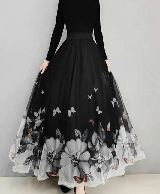 Floral & Butterfly Print High Waist Skirt, Elegant Ruffle Hem Flowy Maxi Skirt, Women's Clothing