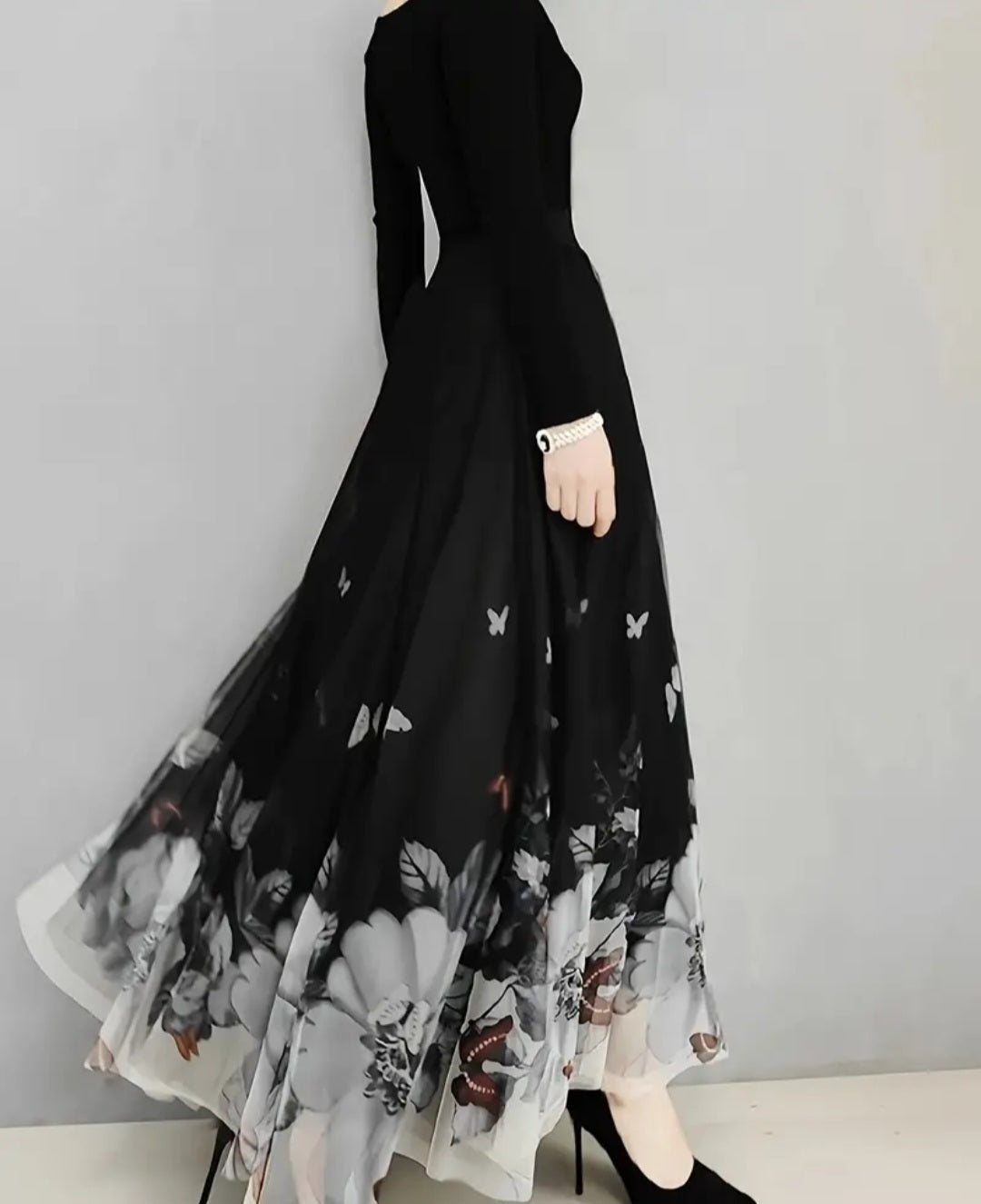 Floral & Butterfly Print High Waist Skirt, Elegant Ruffle Hem Flowy Maxi Skirt, Women's Clothing