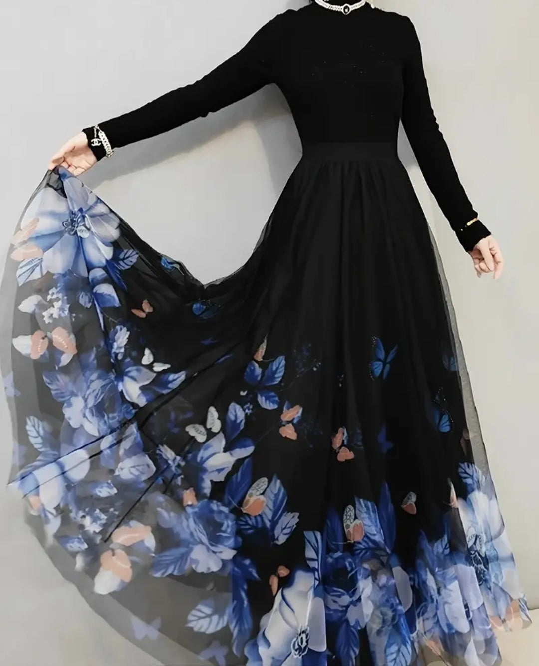 Floral & Butterfly Print High Waist Skirt, Elegant Ruffle Hem Flowy Maxi Skirt, Women's Clothing