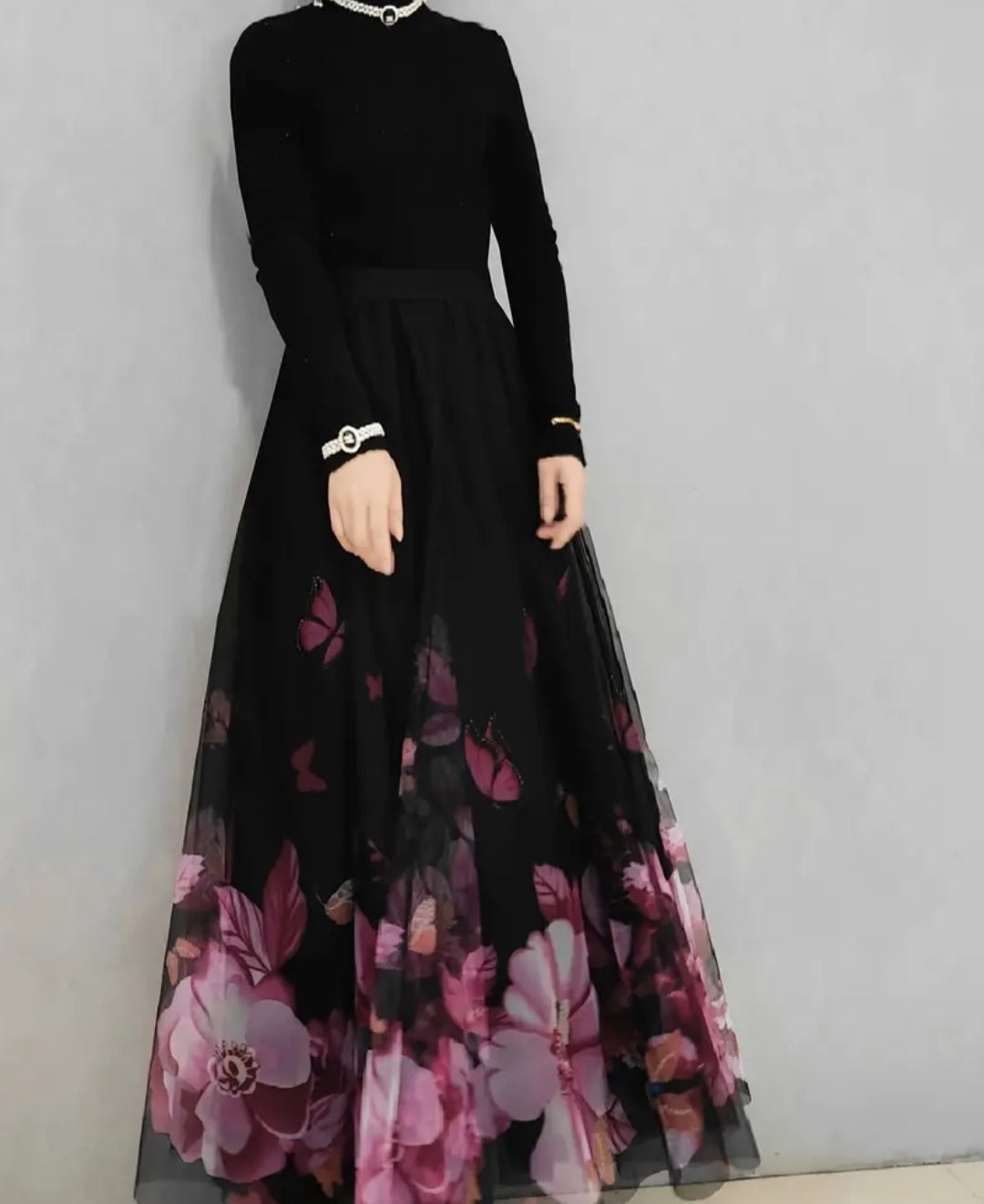 Floral & Butterfly Print High Waist Skirt, Elegant Ruffle Hem Flowy Maxi Skirt, Women's Clothing