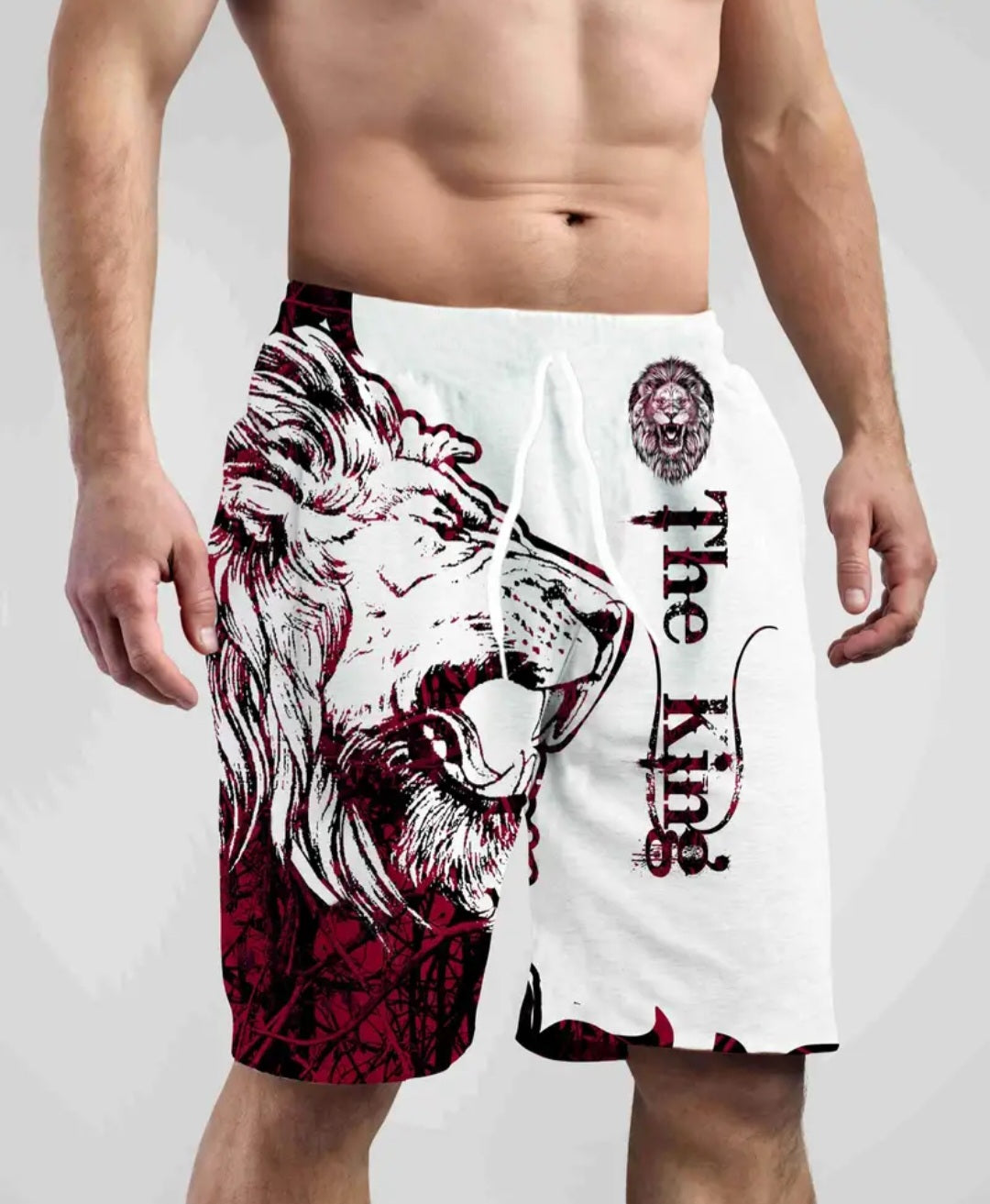 Men's Comic style Lion Graphic And Alphabet Print "THE KING" Shorts With Draustring And Dual Side Pockets, Casual And Trendy Shorts Perfect For Summer Leisurewear And Outdoors Activities