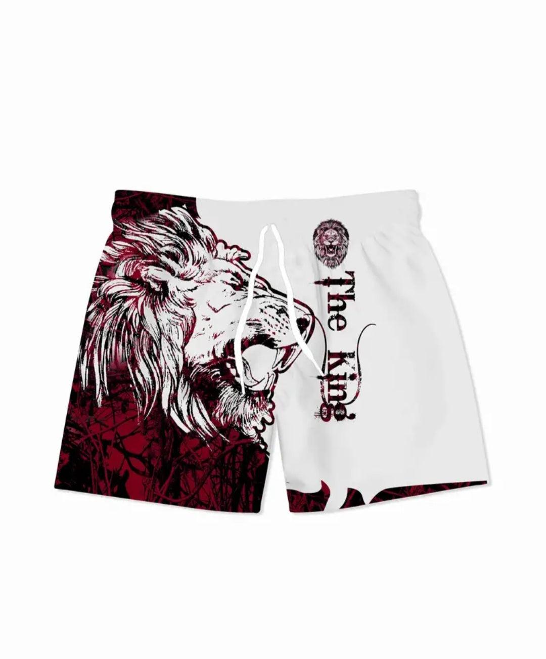 Men's Comic style Lion Graphic And Alphabet Print "THE KING" Shorts With Draustring And Dual Side Pockets, Casual And Trendy Shorts Perfect For Summer Leisurewear And Outdoors Activities