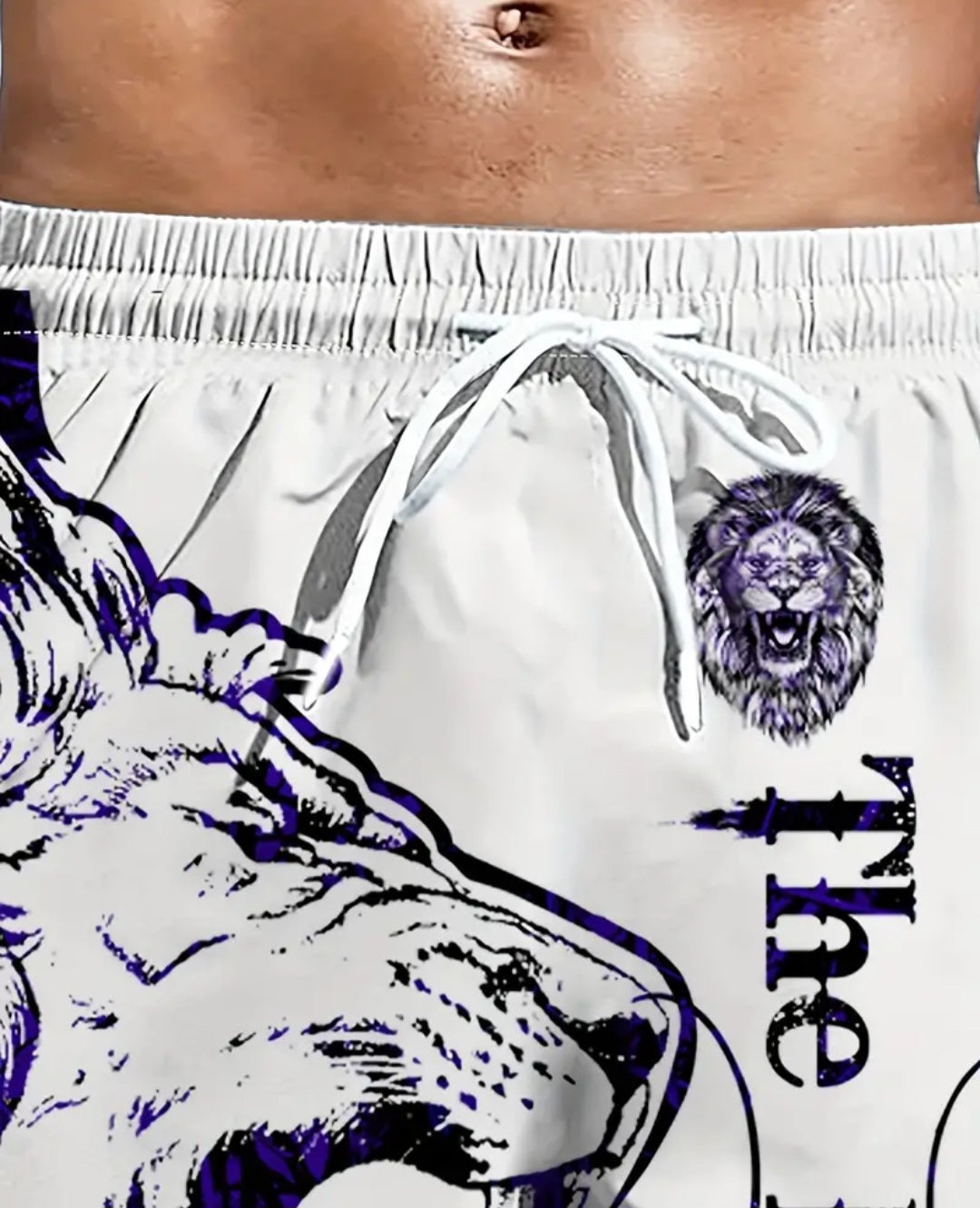 Men's Comic style Lion Graphic And Alphabet Print "THE KING" Shorts With Draustring And Dual Side Pockets, Casual And Trendy Shorts Perfect For Summer Leisurewear And Outdoors Activities