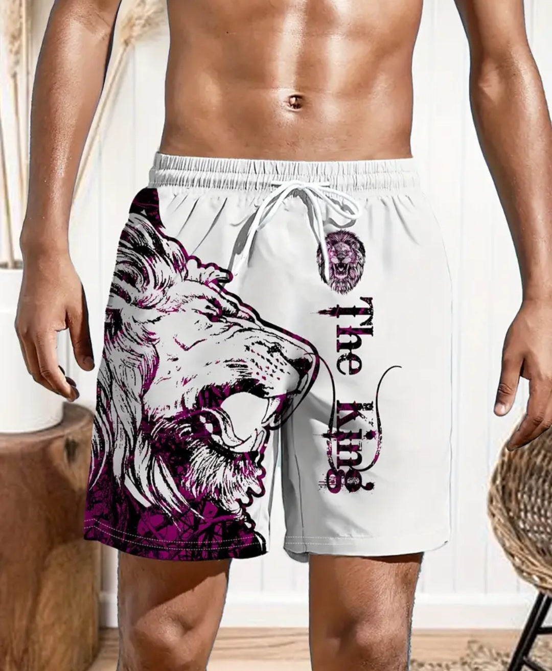 Men's Comic style Lion Graphic And Alphabet Print "THE KING" Shorts With Draustring And Dual Side Pockets, Casual And Trendy Shorts Perfect For Summer Leisurewear And Outdoors Activities