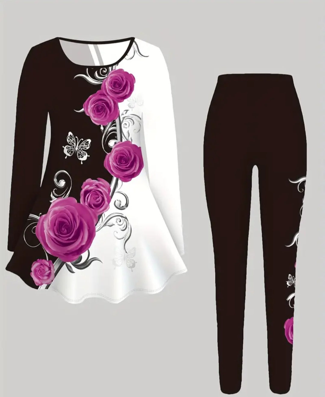 Casual Rose Print Asymmetrical Hem Two-piece, Crew Neck Long Sleeve T-shirt & Skinny Leggings Outfits, Women's Clothing