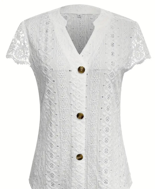 Solid Lace Splicing Notched Neck Top, Casual Eyelet Single Breasted Top For Spring & Summer, Women's Clothing