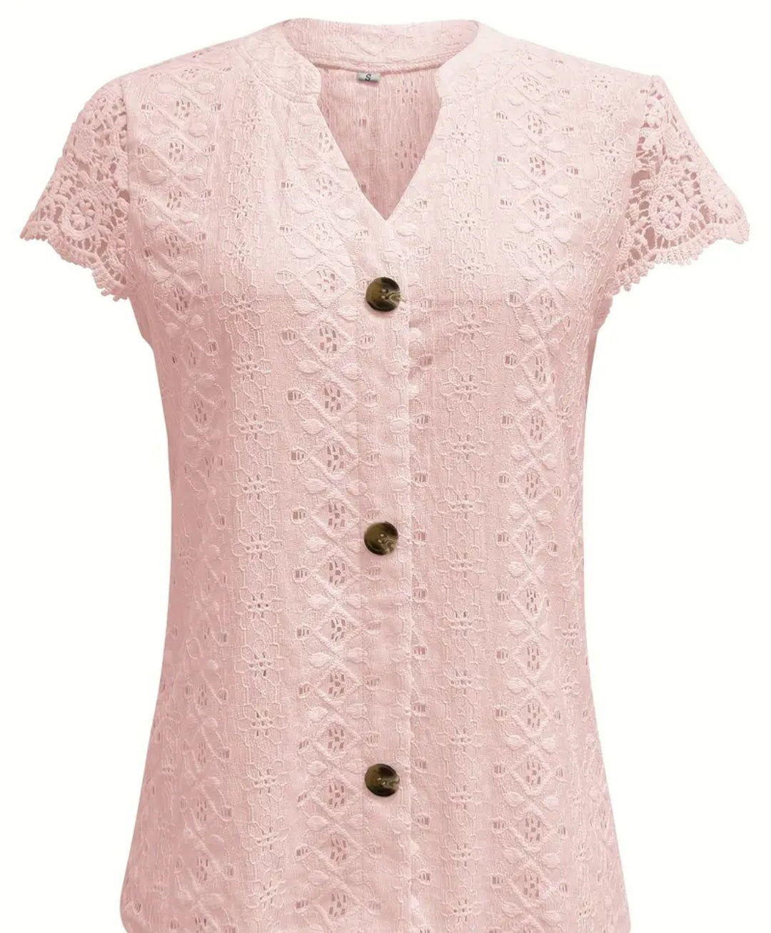 Solid Lace Splicing Notched Neck Top, Casual Eyelet Single Breasted Top For Spring & Summer, Women's Clothing