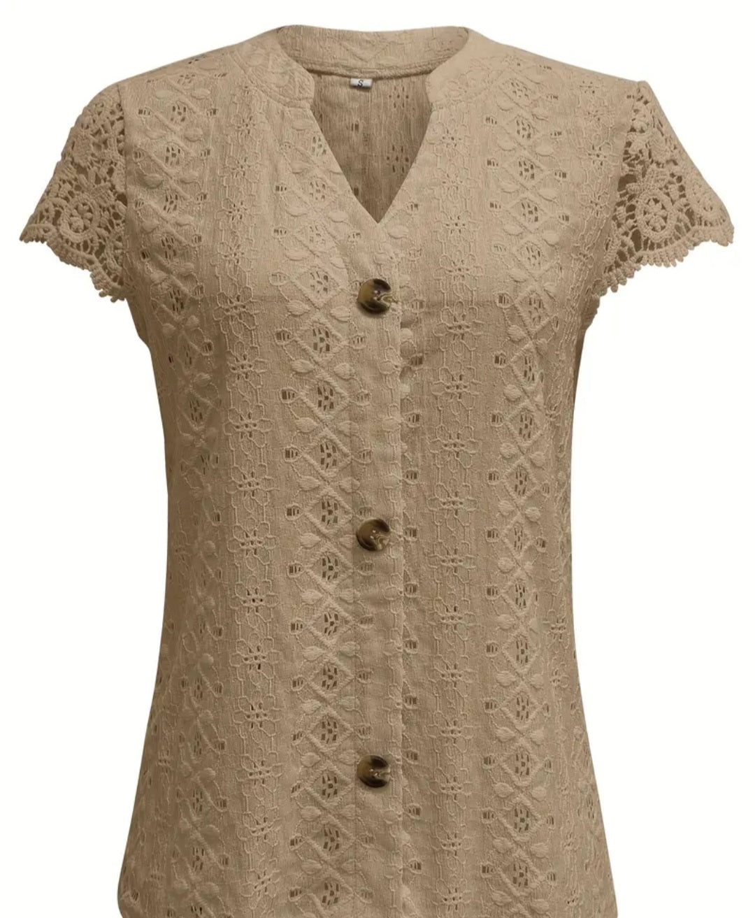 Solid Lace Splicing Notched Neck Top, Casual Eyelet Single Breasted Top For Spring & Summer, Women's Clothing