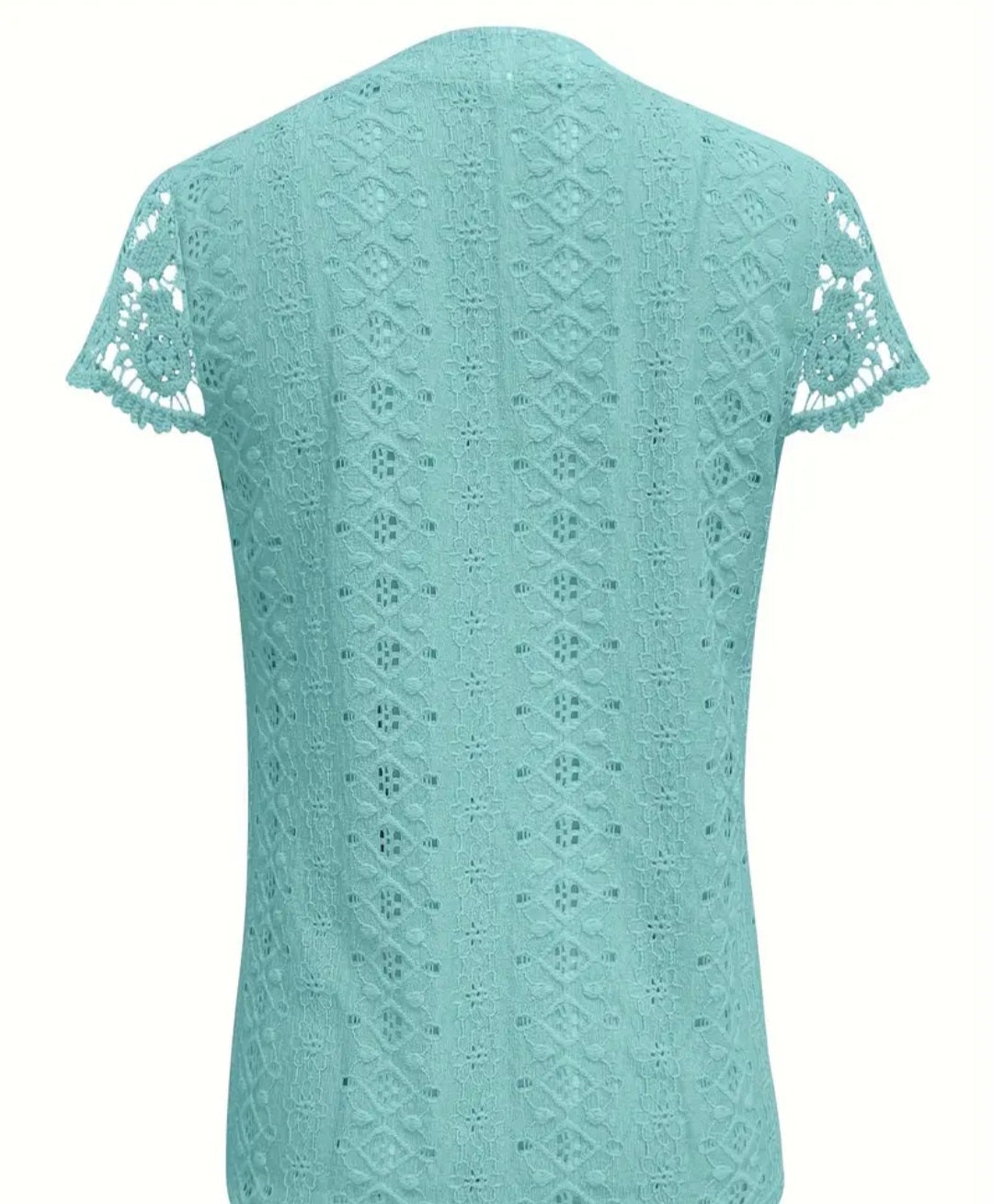 Solid Lace Splicing Notched Neck Top, Casual Eyelet Single Breasted Top For Spring & Summer, Women's Clothing