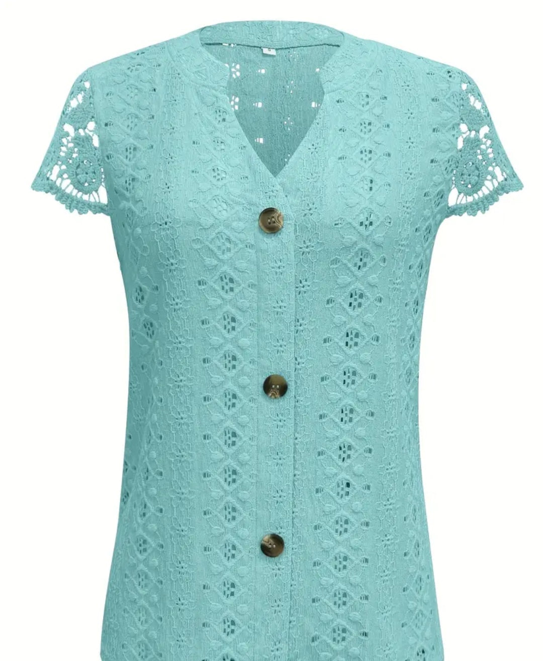 Solid Lace Splicing Notched Neck Top, Casual Eyelet Single Breasted Top For Spring & Summer, Women's Clothing