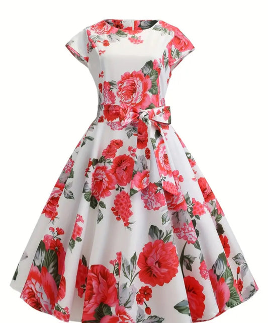 Floral Print Tie Waist Dress, Elegant Crew Neck Cap Sleeve Pleated Dress, Women's Clothing