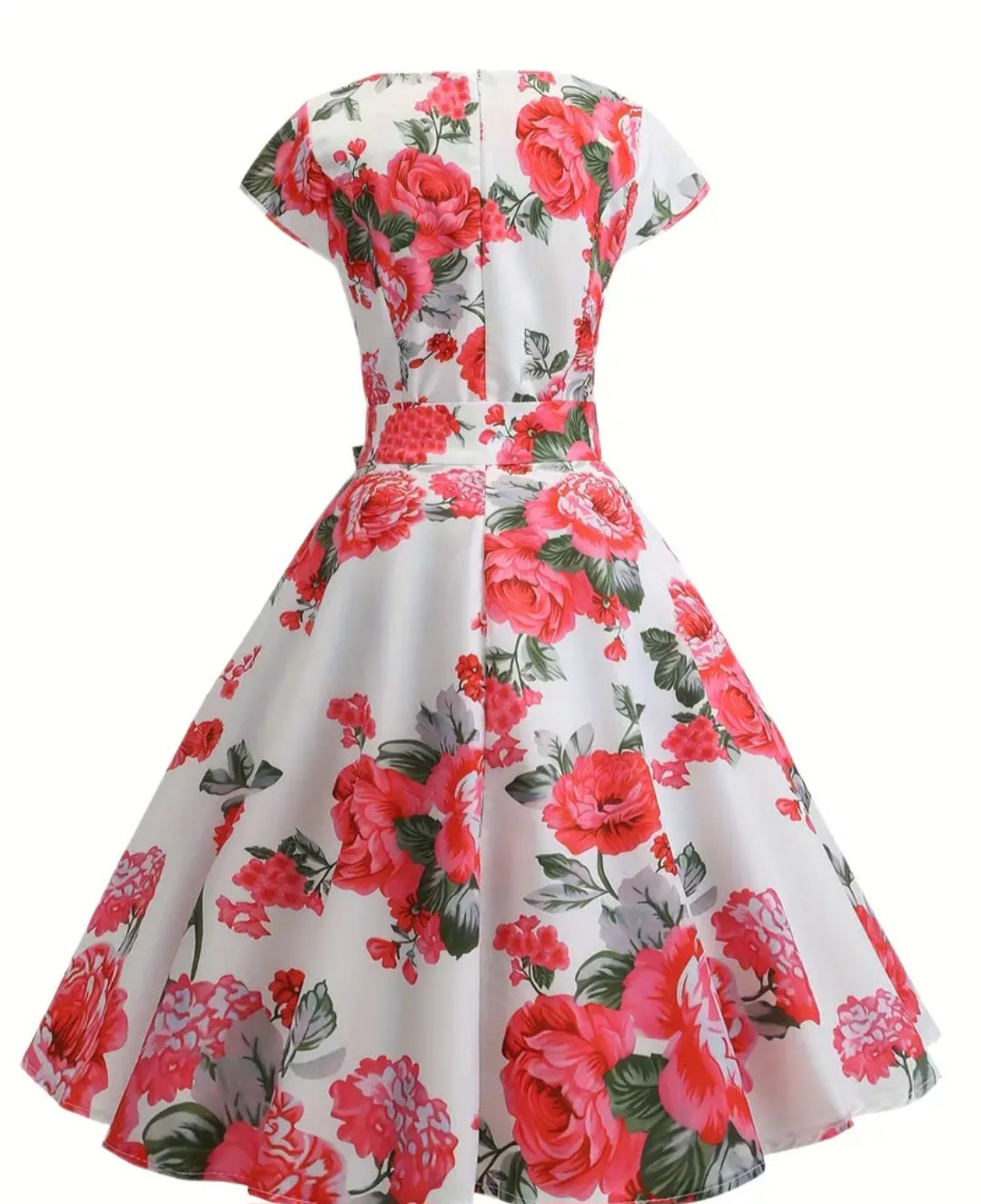 Floral Print Tie Waist Dress, Elegant Crew Neck Cap Sleeve Pleated Dress, Women's Clothing