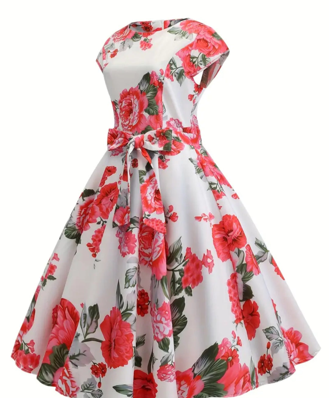 Floral Print Tie Waist Dress, Elegant Crew Neck Cap Sleeve Pleated Dress, Women's Clothing