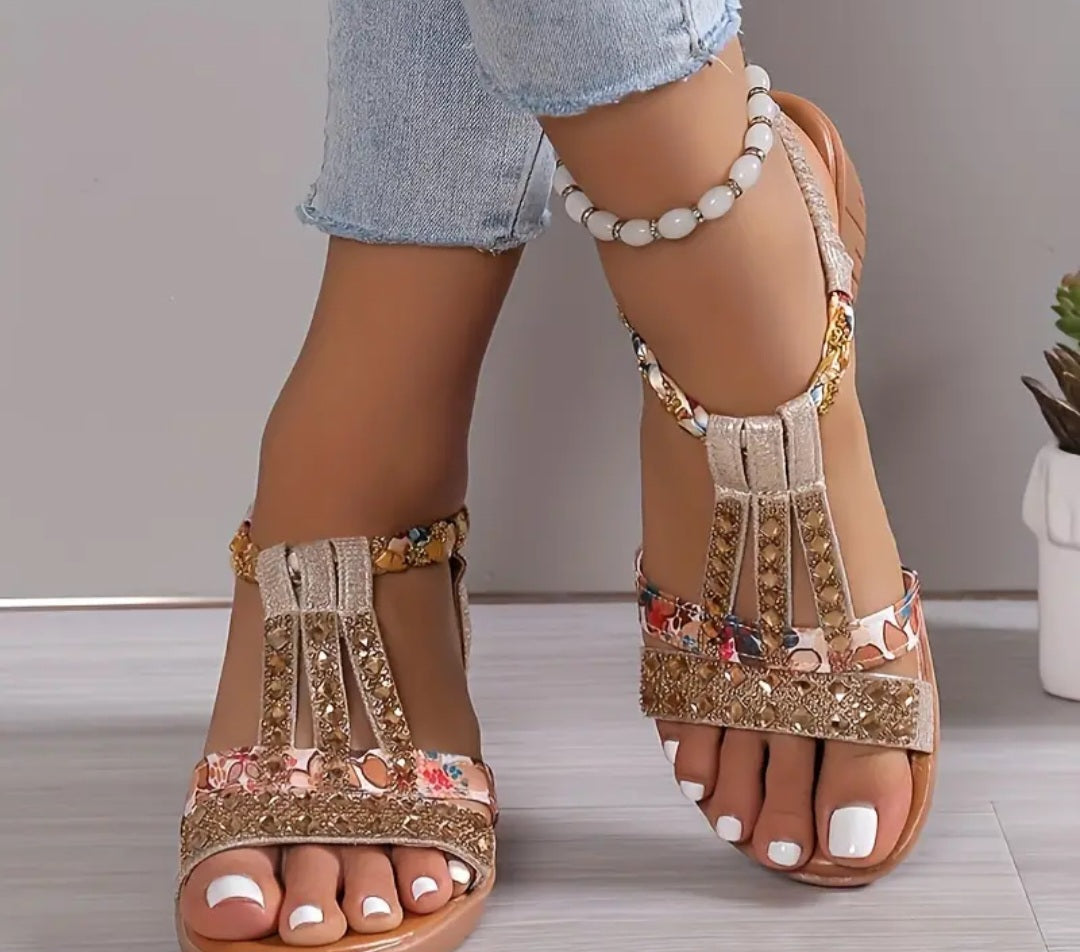 Women's Rhinestone Pattern Sandals, Slip On Soft Sole Platform Comfy Boho Shoes, Vacation Non-slip Beach wedge Shoes