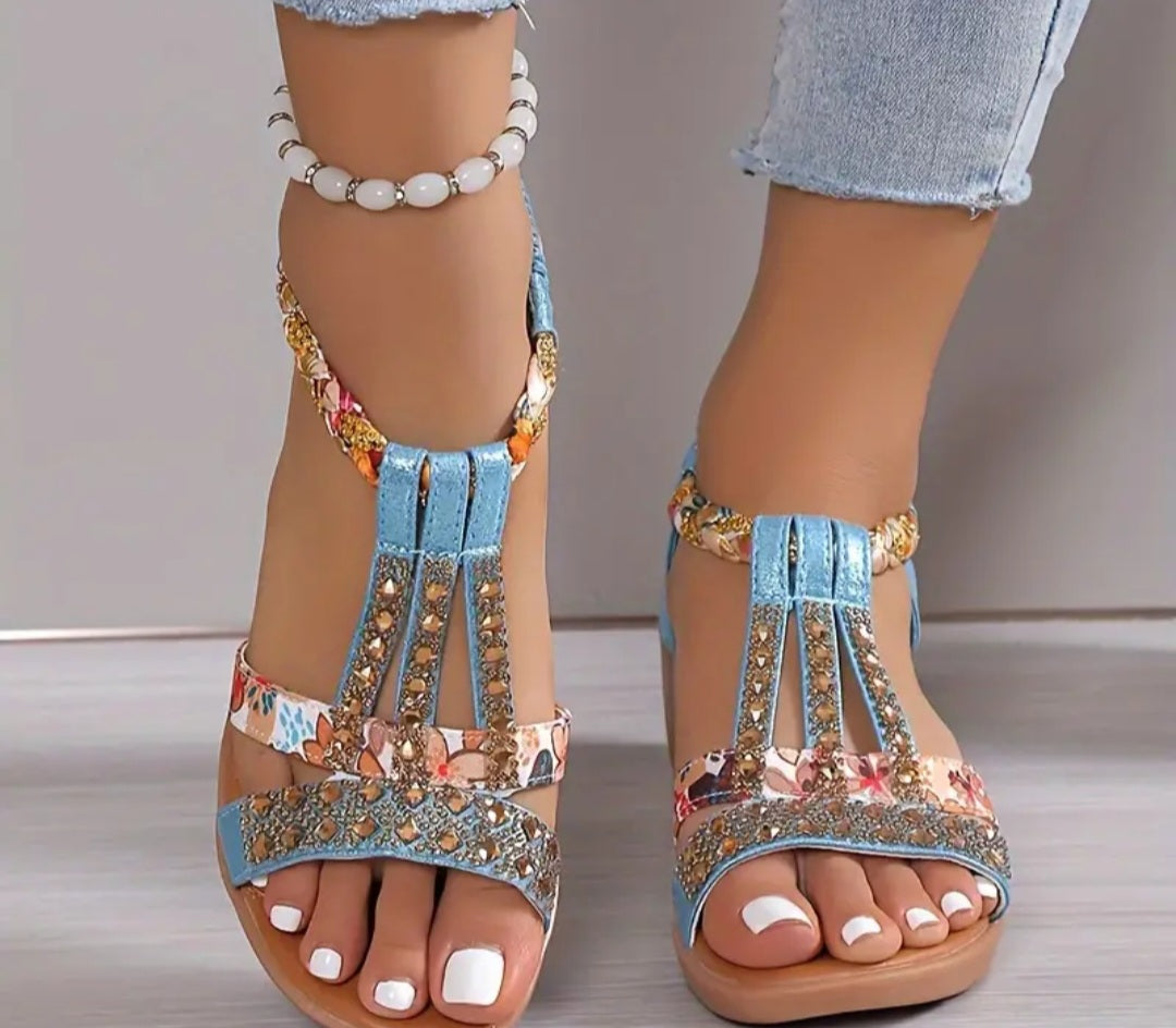 Women's Rhinestone Pattern Sandals, Slip On Soft Sole Platform Comfy Boho Shoes, Vacation Non-slip Beach wedge Shoes