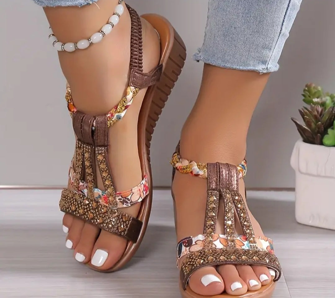 Women's Rhinestone Pattern Sandals, Slip On Soft Sole Platform Comfy Boho Shoes, Vacation Non-slip Beach wedge Shoes