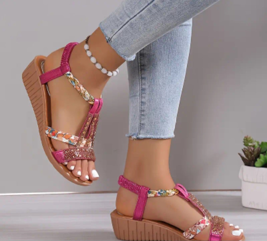 Women's Rhinestone Pattern Sandals, Slip On Soft Sole Platform Comfy Boho Shoes, Vacation Non-slip Beach wedge Shoes