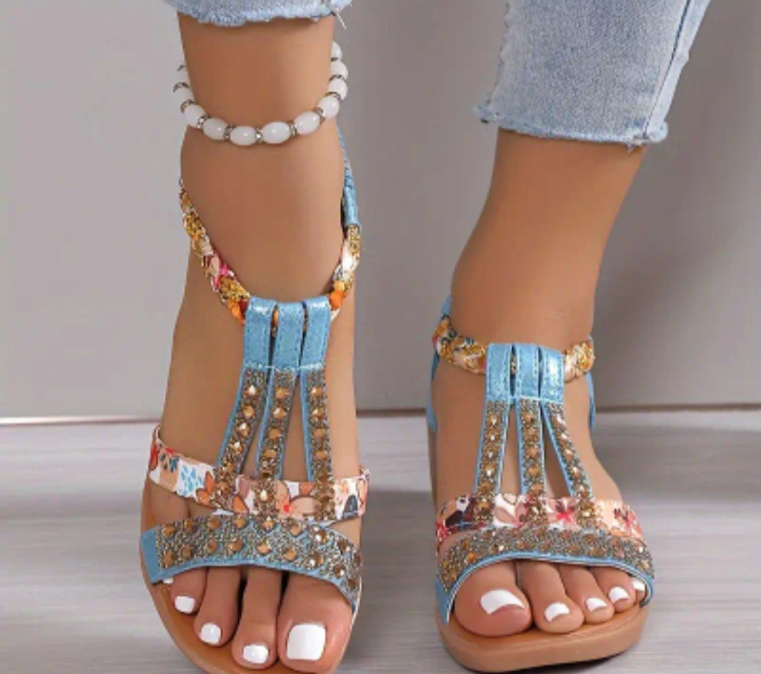 Women's Rhinestone Pattern Sandals, Slip On Soft Sole Platform Comfy Boho Shoes, Vacation Non-slip Beach wedge Shoes