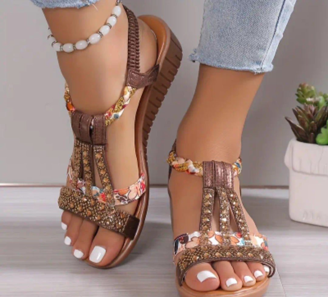 Women's Rhinestone Pattern Sandals, Slip On Soft Sole Platform Comfy Boho Shoes, Vacation Non-slip Beach wedge Shoes