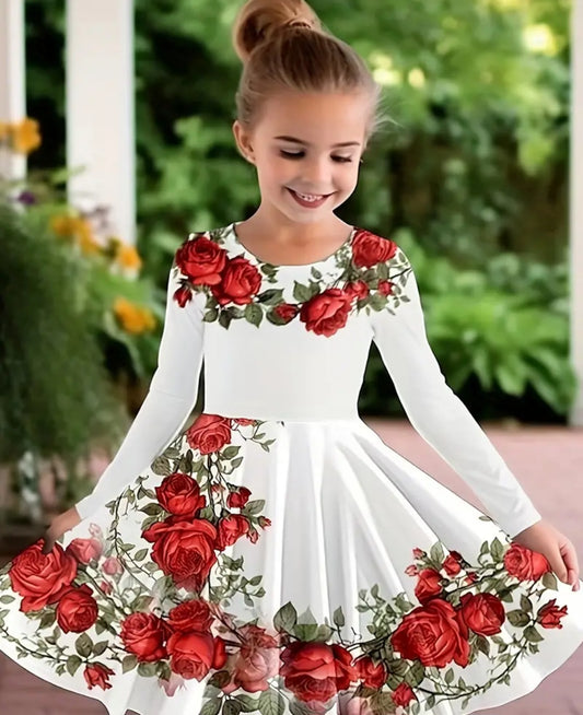 Girls Casual Flower Print Long Sleeve Dress For Summer Party