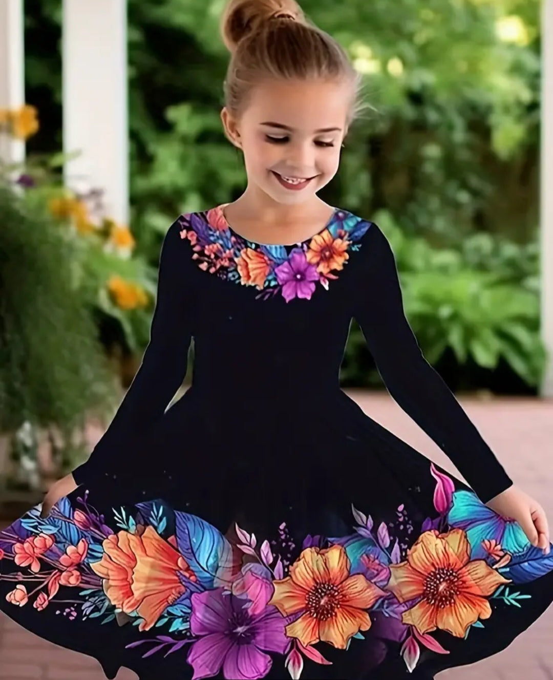 Girls Casual Flower Print Long Sleeve Dress For Summer Party